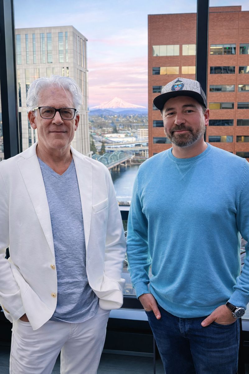 Two men posing indoors by a large window with a scenic view of downtown Portland, the river, a bridge, and Mount Hood in the distance, dressed in smart-casual attire.
