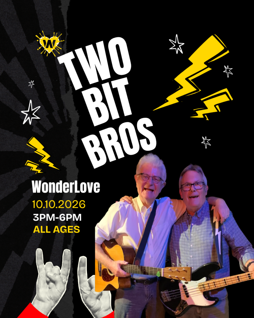 Event Flyer that reads "Two Bit Bros" with two men wearing glasses smiling wearing guitars